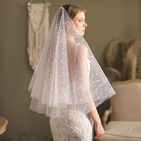 Wedding veil white bridal bride elegant medium elbow length star stars sky new - Picture 3 of 3